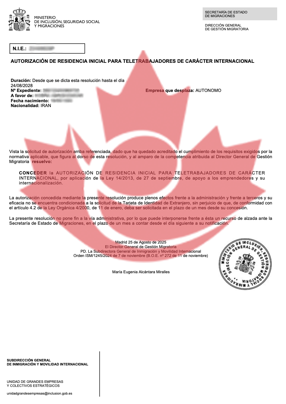 نمونه ویزاهای اقامت تمکن مالی اسپانیا