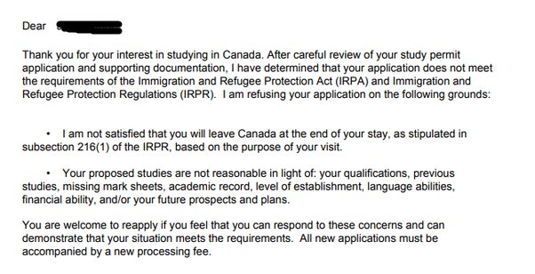 نمونه هایی از نامه های ریجکتی ویزای کانادا